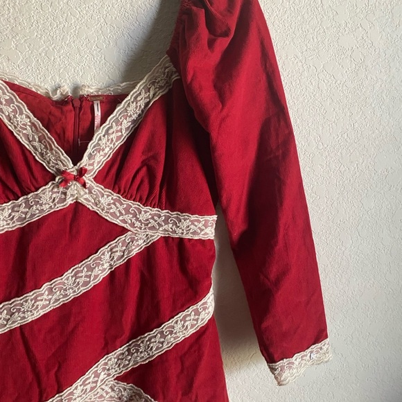 Free People Tennley Red Milkmade Coquette Corduroy Whimsigoth Lace Mini Dress XS - Picture 6 of 16